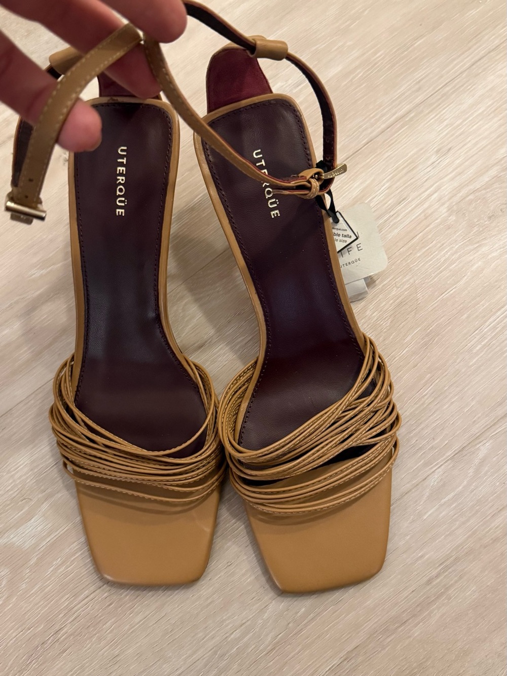 Uterque Camel Multi-Strap Square-Toe Leather Heels